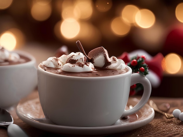 크리스마스에 아름다운 크리스마스 머그잔 핫 초콜릿에 담긴 미식가 핫 코코아의 놀라운 사진