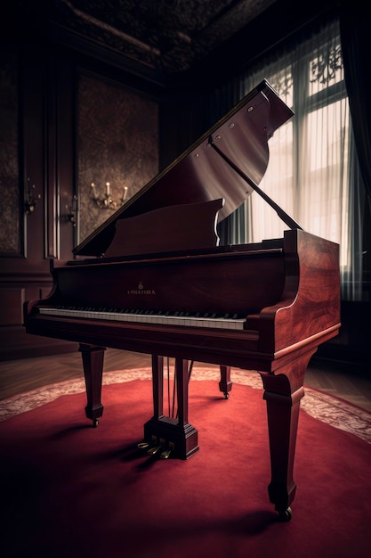 Foto incredibile fotografia di uno strumento di pianoforte a coda in camera oscura generata dall'intelligenza artificiale