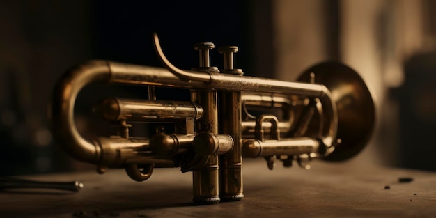 Amazing photography of a trumpet instrument in dark room AI Generated