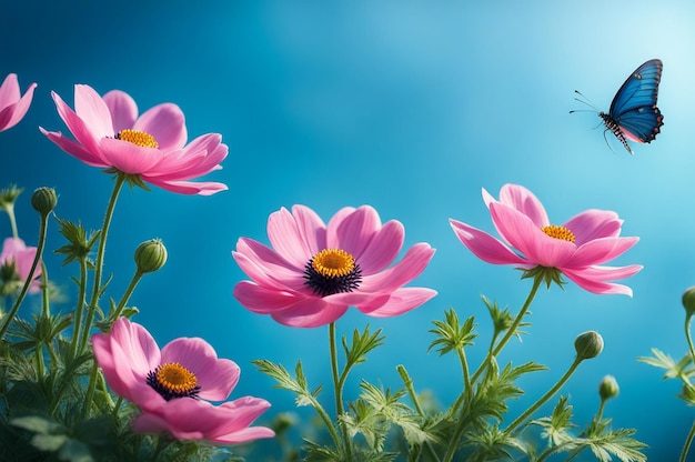 Удивительные розовые цветы свежее весеннее утро с летающей голубой бабочкой на мягком голубом фоне Идеальная художественная элегантная картина весенняя природа концепция Копировать рекламное текстовое пространство Генеративная Ай иллюстрация