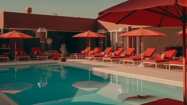 Amazing Pool with lounge lounges and umbrellas all red vin Ai generated art