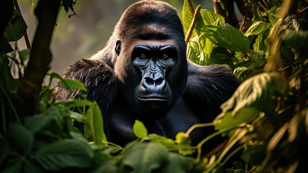 An amazing portrait of an endangered silverback mountain gorilla in wilderness Generative AI