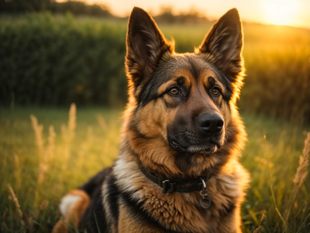 Amazing portrait of young crossbreed dog german shepherd during sunset in grass