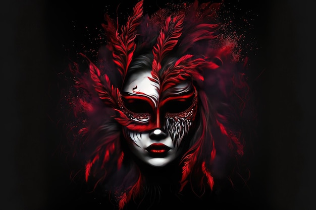 Amazing red female mask with long feathers on a black background Generative AI