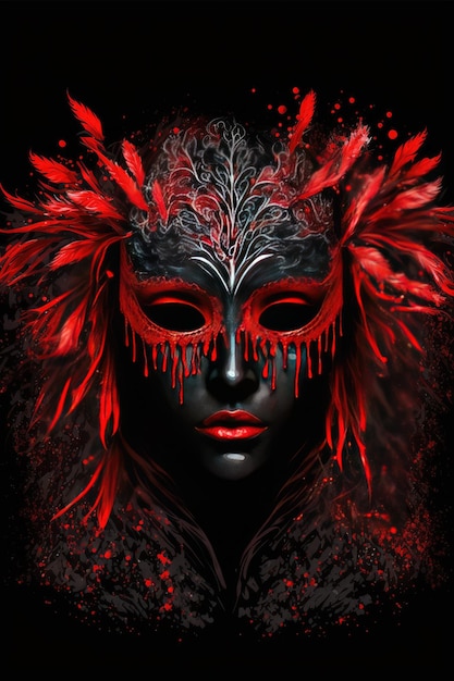 Amazing red female mask with long feathers on a black background Generative AI