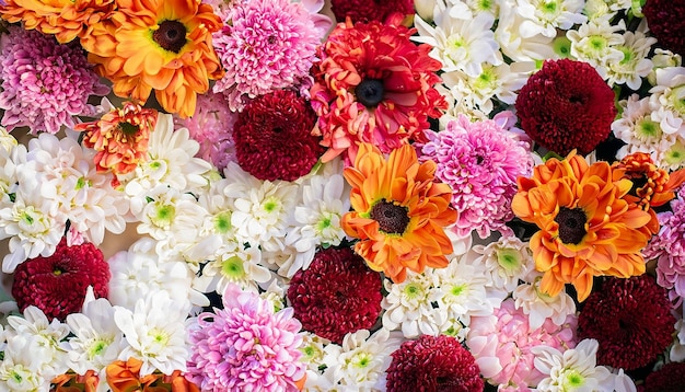 Amazing red orange pink purple green and white chrysanthemums on a wall background
