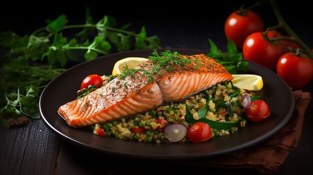 Photo amazing roast salmon with groats and vegetables healthy food