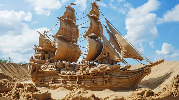 Amazing sand sculpture of a pirate ship with intricate details set against a bright blue sky with wispy white clouds