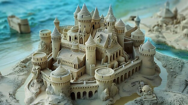 Photo amazing sandcastle on the beach with the sea in the background the sandcastle has many towers and turrets and is very detailed