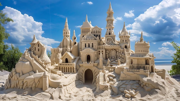 Удивительный песчаный замок с сложными деталями и конструкциями, построенный на пляже с океаном на заднем плане
