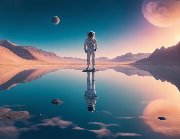 Amazing scenery of an astronaut on an alien planet