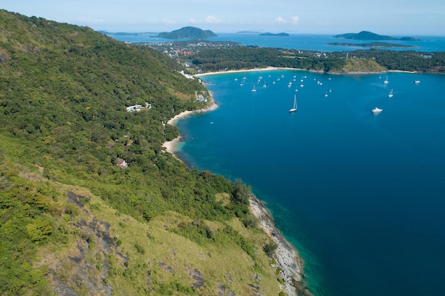 Amazing sea Aerial view of Tropical sea in the beautiful Phuket island Beautiful mountains seashore