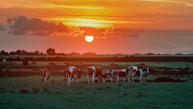 Amazing shot of a farmland with cows on a sunset