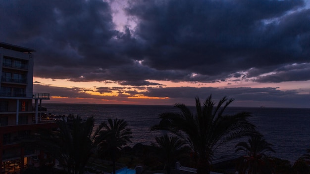 Amazing sky with sunrise clouds and palm trees on the ocean Madeira island and vacation by the ocean Beautiful dark sky