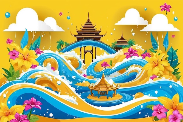 Удивительный фестиваль Songkran в Таиланде красочный дизайн воды на желтом фоне