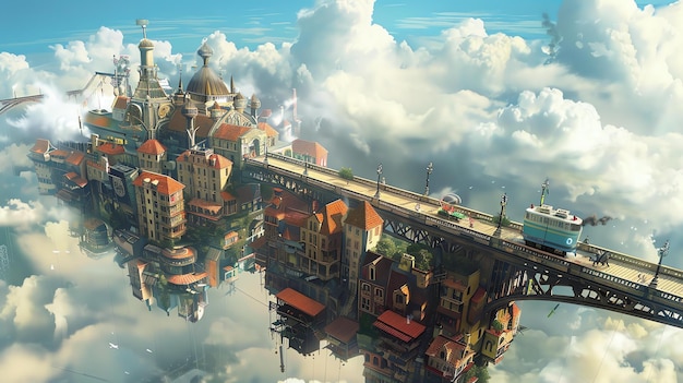 Foto un'incredibile città steampunk che galleggia nel cielo con un ponte che la attraversa