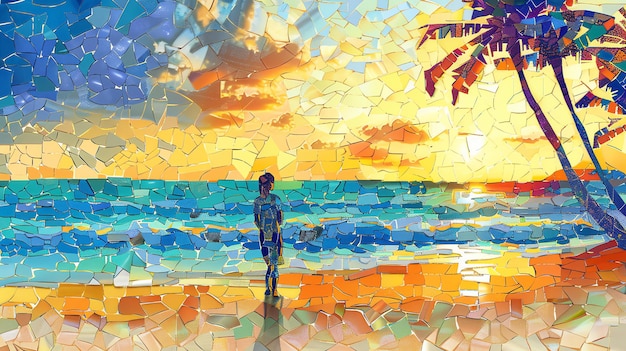Photo amazing summer sunset mosaic artwork a young woman standing on the beach and watching the sunset