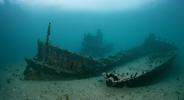 Amazing sunken ship in the depths of the sea