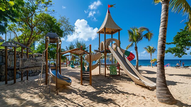 Amazing sunny day at the beach with a fun playground for kids to enjoy