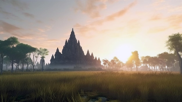 Amazing sunrise at Temple Great Hindu architecture AI Generative