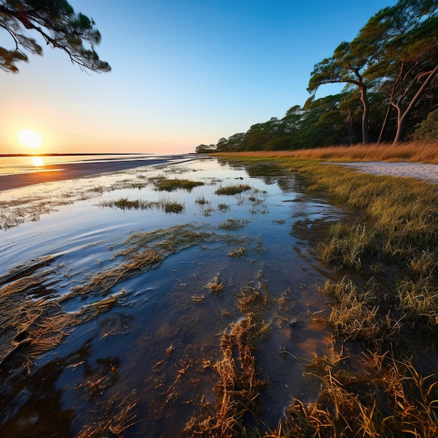 Amazing sunset at the beach with a view of the calm sea and beautiful trees on the shore