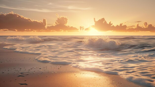 Удивительный закат над спокойным морем Нежные волны промывают песчаный пляж Мирная и расслабляющая сцена
