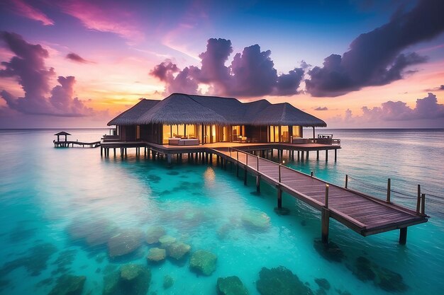 Amazing sunset at maldives luxury resort villas seascape fantastic colored sky clouds vacation