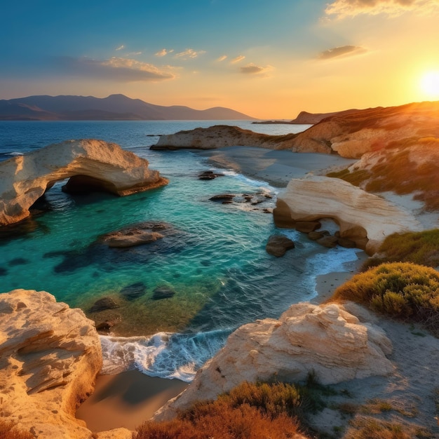 写真 ミロス島の夕暮れ 砂浜とエーゲ海の波 大きな石の岩