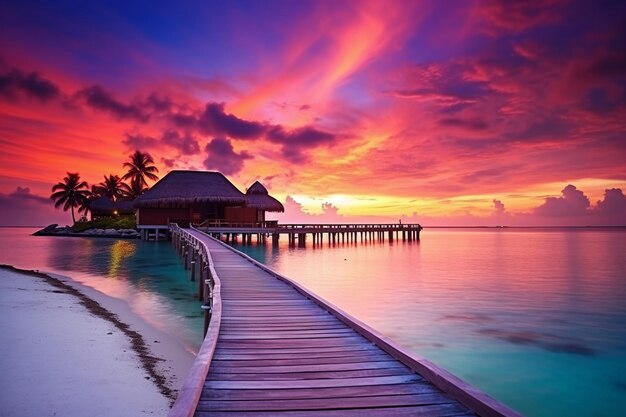 Foto incredibile panorama del tramonto alle maldive ville resort di lusso vista sul mare