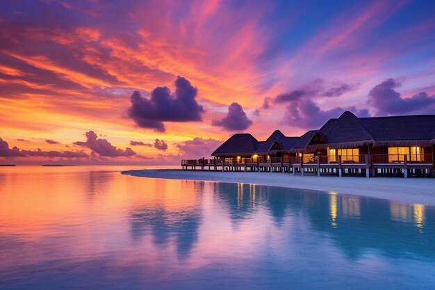 Amazing sunset panorama at maldives luxury resort villas seascape