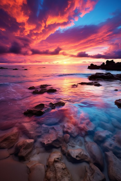 Amazing sunset over the rocky beach