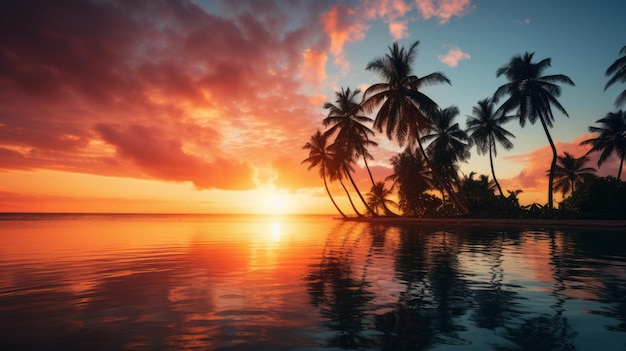 Amazing sunset on a tropical beach with palm trees