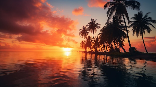 Amazing sunset on a tropical beach with palm trees