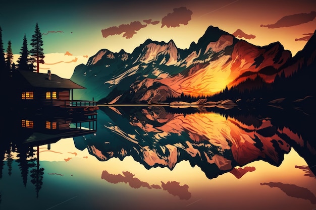 Photo amazing sunset views of the lake reflection in a mirror beautiful and dramatic scene