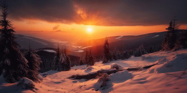 amazing sunset in Winter mountains