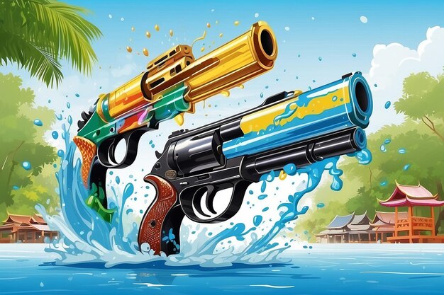 驚くべきタイのソングクラン・フェスティバル 銃と水のスプラッシュ 背景のイラスト