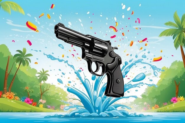 Amazing Thailand Songkran festival with gun on water splash background illustration