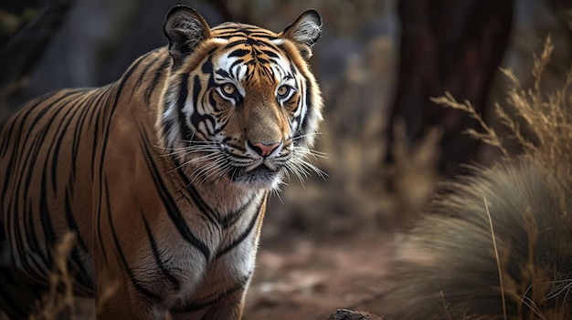 Amazing tiger pose during the golden light time Wildlife scene with danger animal Hot summer dry