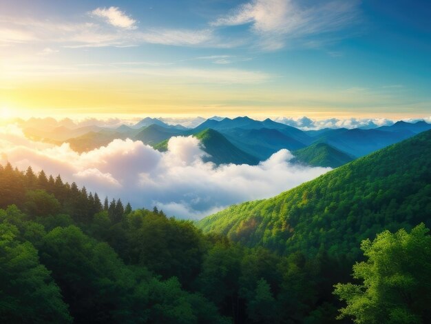 Amazing top view of the green forest and moutains at sunrise