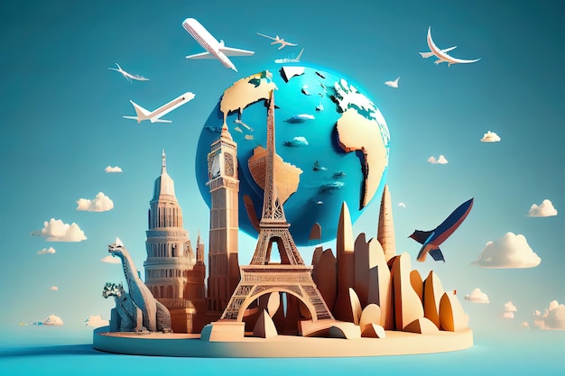 Amazing Travel world landmarks on the background of blue sky 3D rendering Generative Ai