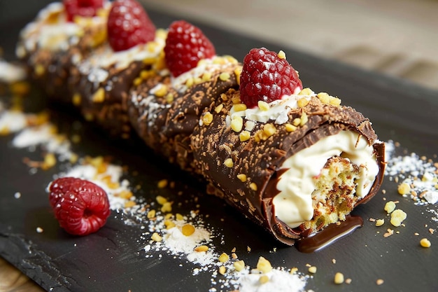 Photo an amazing treat white and dark chocolate cannelloni with delicate mascarpone mousse and juicy rasp