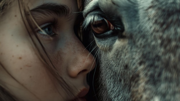 Amazing trusting relationship between animal and human The girl touches the horse closeup portrait