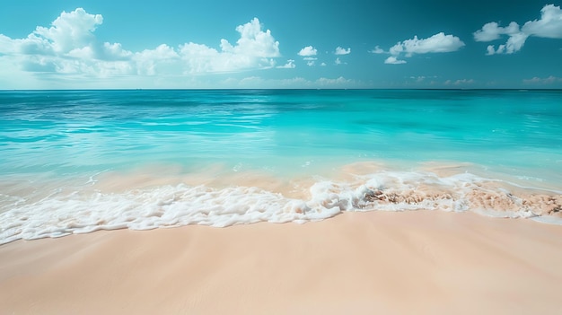 Удивительный бирюзовый океан с белым песчаным пляжем и голубым небом с облаками на заднем плане