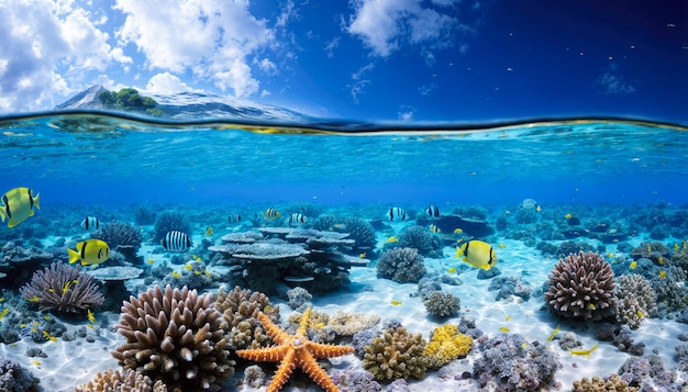 Amazing underwater world with coral reef and tropical fish with colorful corals and exotic fishes Underwater landscap