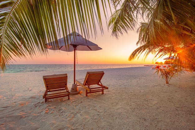 Amazing vacation beach Chairs palm leaves sunset beach near the sea Summer romantic couple holiday