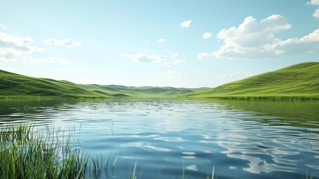 Photo amazing view of a beautiful green rolling hills and a calm lake reflecting the sky and clouds