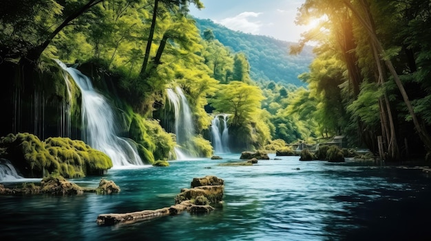 Удивительный вид прекрасный водопад в красочном осеннем лесу
