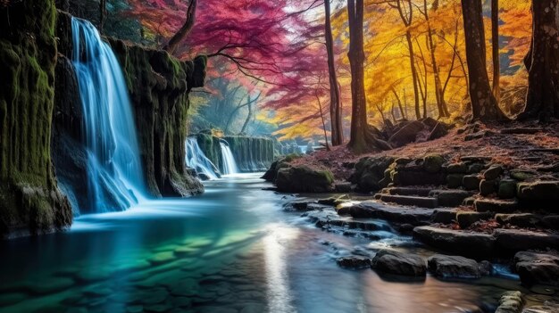 Photo amazing view beautiful waterfall in colorful autumn forest