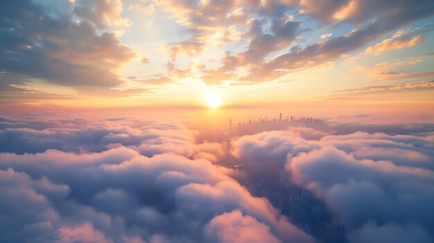 Amazing view of a big city from above the clouds at sunset