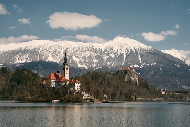 Amazing View On the Bled Lake Island Church And Castle With Alpine Mountain Range in The Background Bled Slovenia Europe